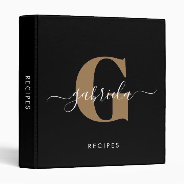 Classeur Monogramme noir élégant Nom du script Recette (Devant/Côté)
