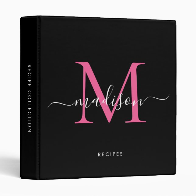 Classeur Monogramme noir rose Nom du script Kitchen Recette (Devant/Côté)