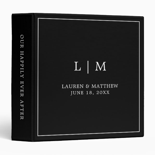 Classeur Monogramme noir simple Mariage élégant (Devant/Côté)