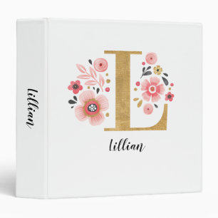 Classeur Monogramme Nom Rose blanc Élégant Script floral