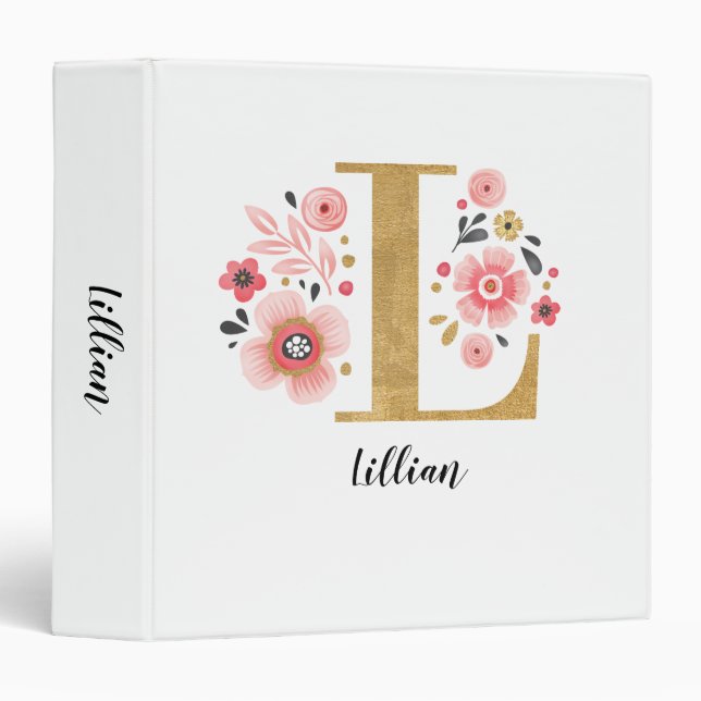 Classeur Monogramme Nom Rose blanc Élégant Script floral (Devant/Côté)