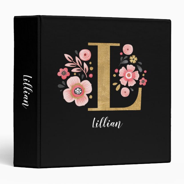 Classeur Monogramme Nom Rose Noir Élégant Script Floral (Devant/Côté)