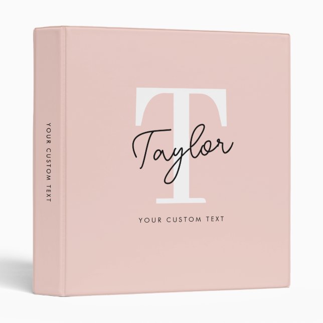 Classeur Monogramme Nom Rose Pâle Moderne Écriture Féminine (Devant/Côté)