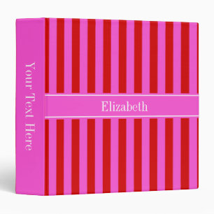Classeur Monogramme nom rose vif rayure rouge rose chaud