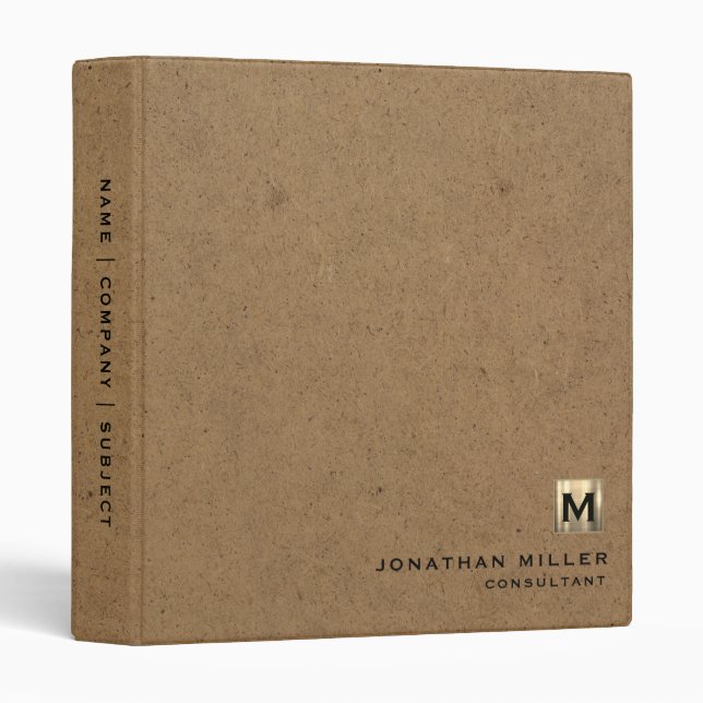 Classeur Monogramme or en papier Kraft simple (Devant/Côté)