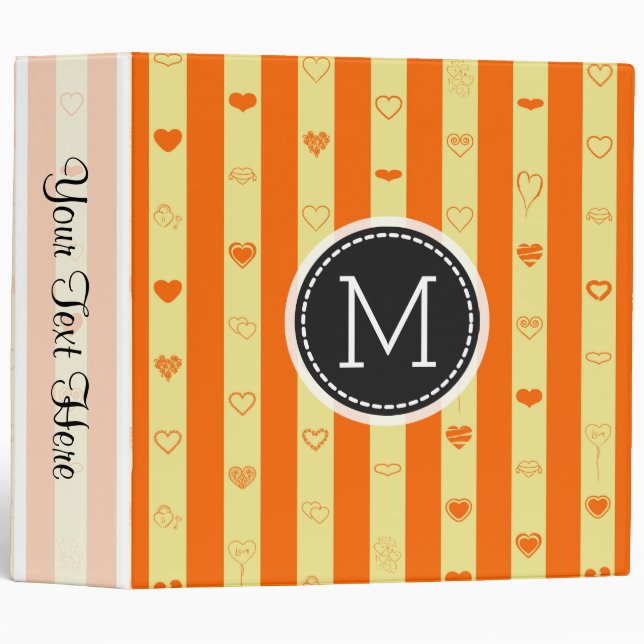Classeur Monogramme Orange Stripes Élégant Coeur Moderne (Devant/Côté)