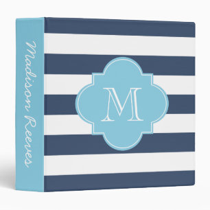 Classeur Monogramme personnalisé à rayures bleu et marine c