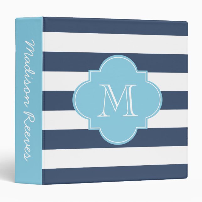 Classeur Monogramme personnalisé à rayures bleu et marine c (Devant/Côté)