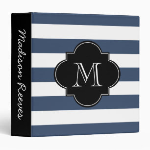 Classeur Monogramme personnalisé à rayures noires et marine