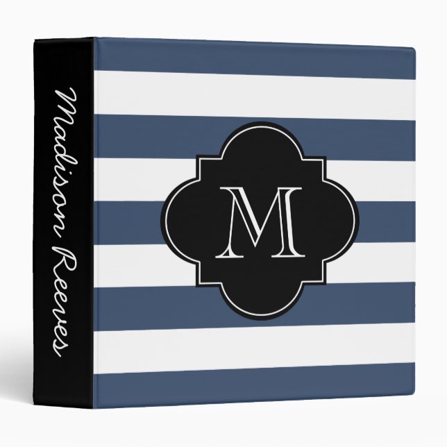 Classeur Monogramme personnalisé à rayures noires et marine (Devant/Côté)