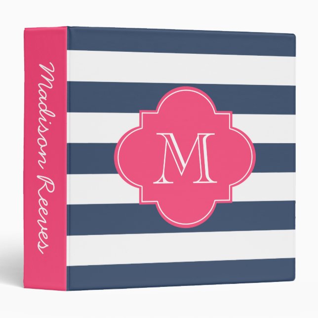 Classeur Monogramme personnalisé à rayures roses et marine  (Devant/Côté)