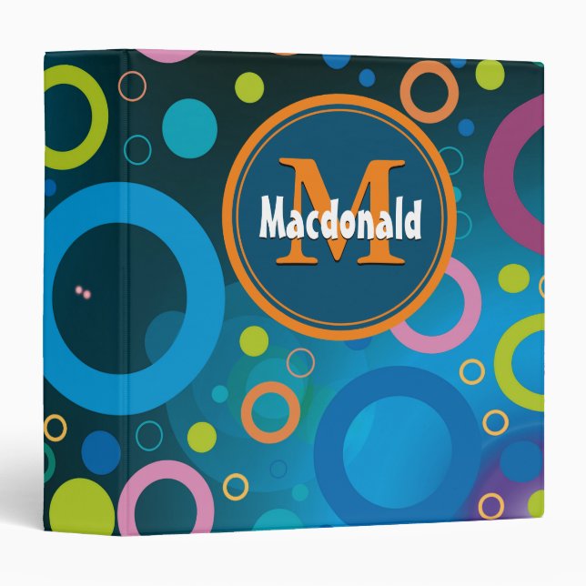 Classeur Monogramme personnalisé Cercles géométriques BLEU (Devant/Côté)
