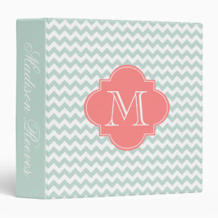 Classeur Monogramme personnalisé Chic Mint et Coral Chevron