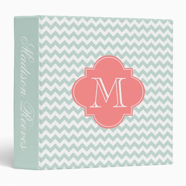 Classeur Monogramme personnalisé Chic Mint et Coral Chevron (Devant/Côté)