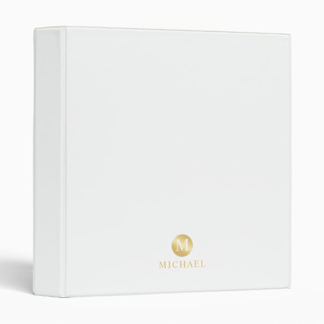 Classeur Monogramme personnalisé de luxe blanc et or (Devant/Côté)
