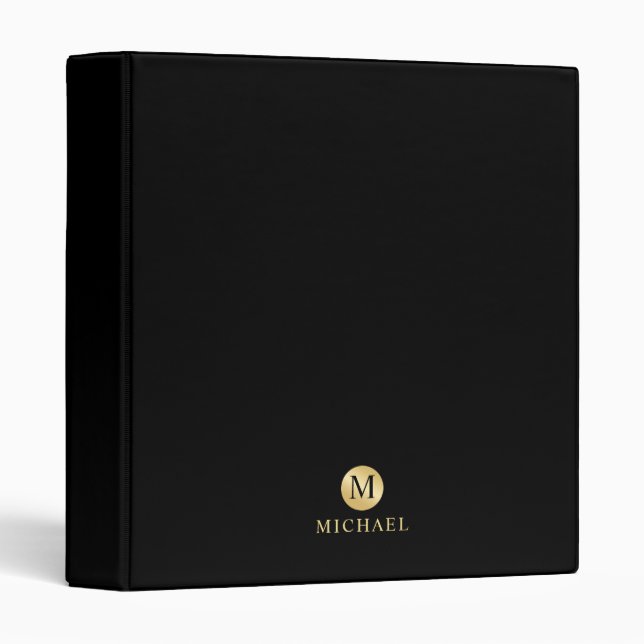 Classeur Monogramme personnalisé de luxe noir et or (Devant/Côté)