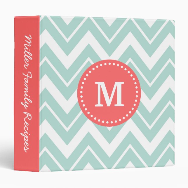 Classeur Monogramme personnalisé de menthe et corail Chevro (Devant/Côté)