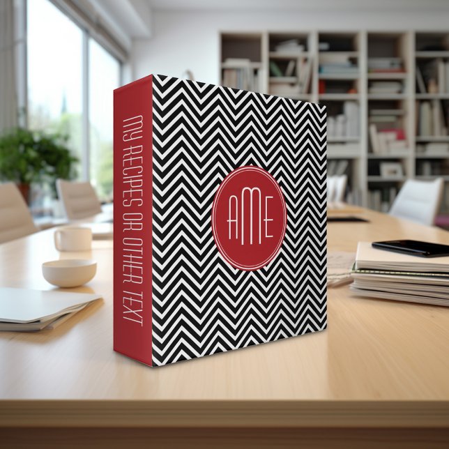 Classeur Monogramme personnalisé Motif Chevron rouge et noi (Personalized 3-ring Binder with monogram)