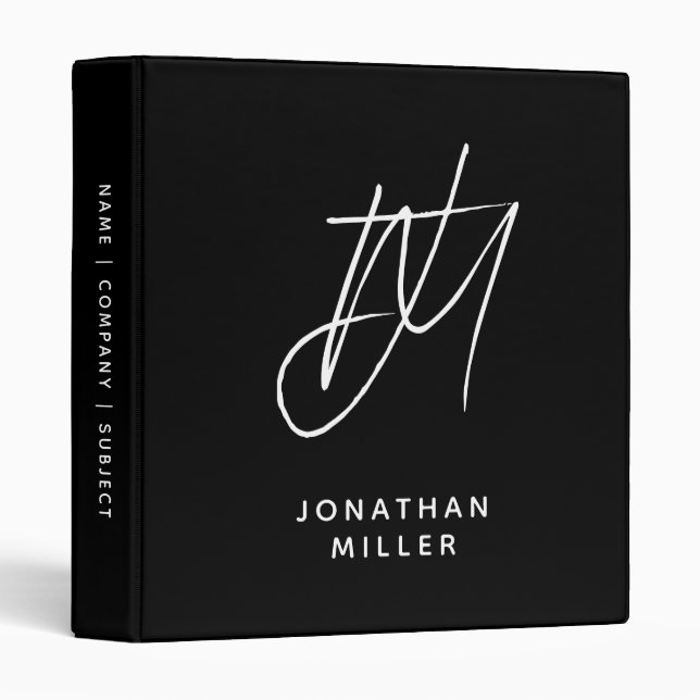 Classeur Monogramme personnalisé noir avec nom personnalisé (Devant/Côté)