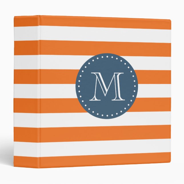 Classeur Monogramme personnalisé Orange and Navy Blue Strip (Devant/Côté)