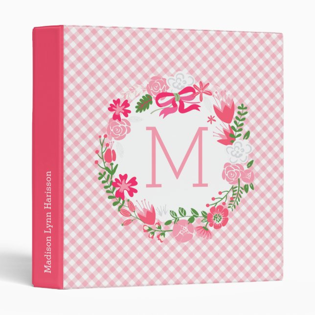 Classeur Monogramme personnalisé par guirlande florale rose (Devant/Côté)