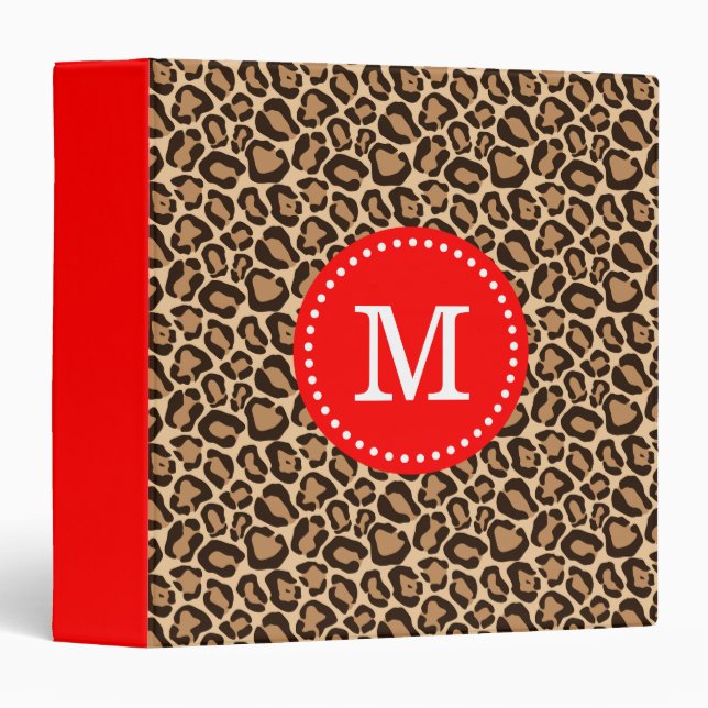 Classeur Monogramme personnalisé rouge et Empreinte de léop (Devant/Côté)