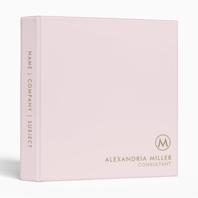 Classeur Monogramme professionnel minimal rose (Devant/Côté)