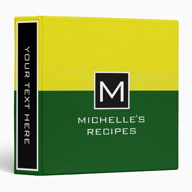 Classeur Monogramme Recette Vert moderne Jaune (Devant/Côté)