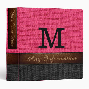 Classeur Monogramme rose chaud et noir Burlap jute rustique