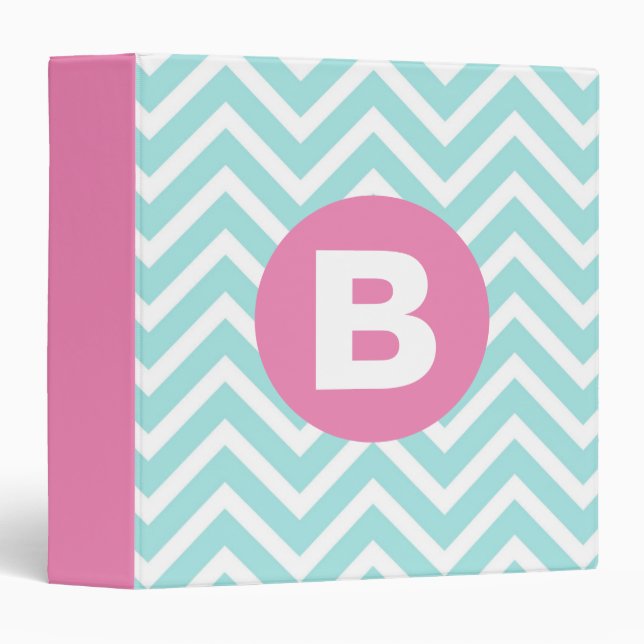 Classeur Monogramme rose chevron bleu clair tendance (Devant/Côté)
