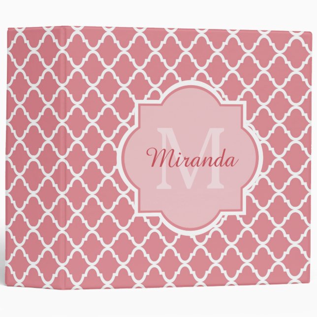 Classeur Monogramme rose chic de Quatrefoil avec le nom (Devant/Côté)
