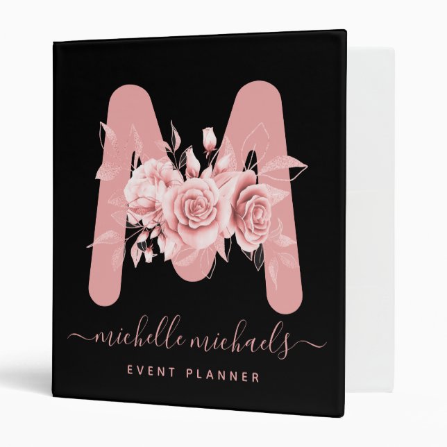 Classeur Monogramme rose d'aquarelle noire (Devant/intérieur)