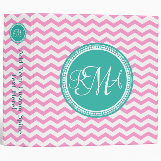 Classeur Monogramme rose et Turquoise Chevron Personnalisé (Devant/Côté)