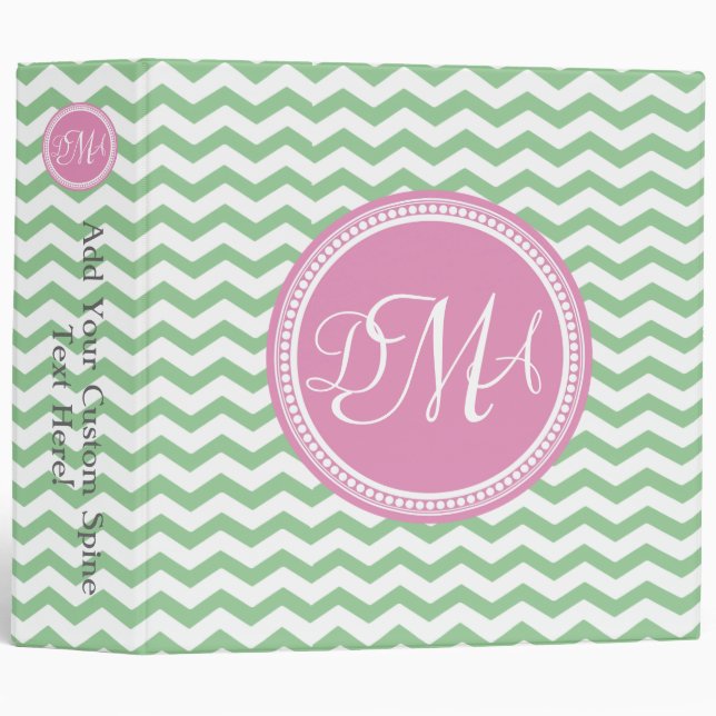 Classeur Monogramme rose et vert Chevron Personnalisé (Devant/Côté)