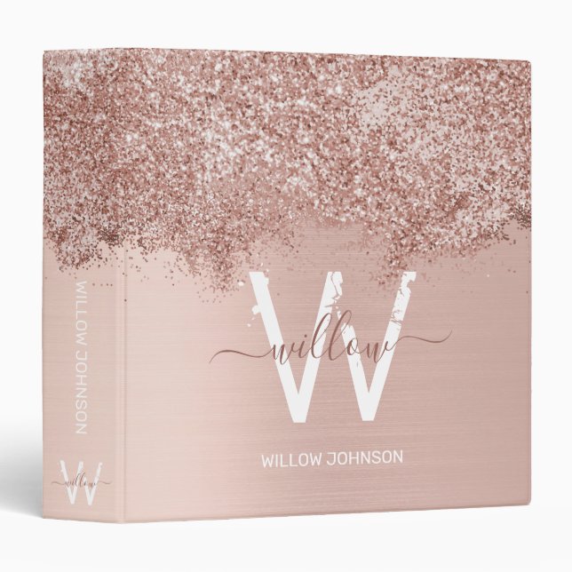 Classeur Monogramme rose Gold Blush Rose Girl Parties scint (Devant/Côté)