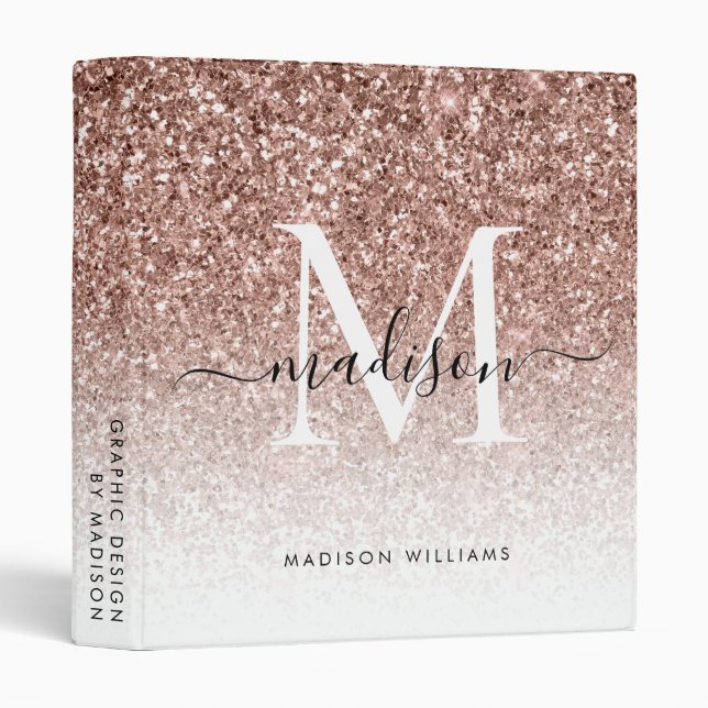 Classeur Monogramme Rose Gold Parties scintillant Script Of (Devant/Côté)