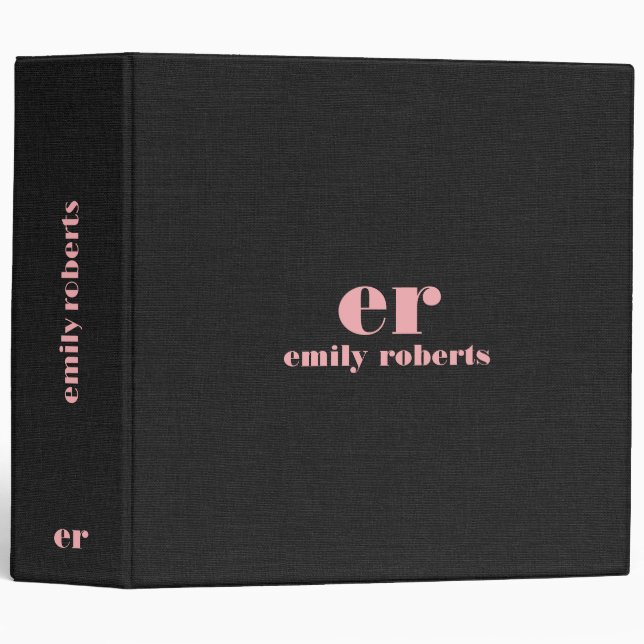 Classeur Monogramme rose minimaliste Lin noir (Devant/Côté)