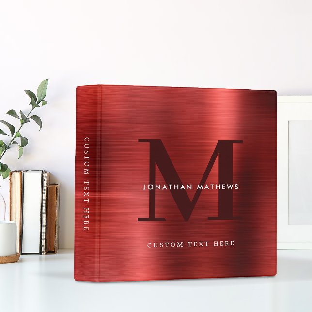 Classeur Monogramme rouge métal brossé professionnel modern (Créateur téléchargé)