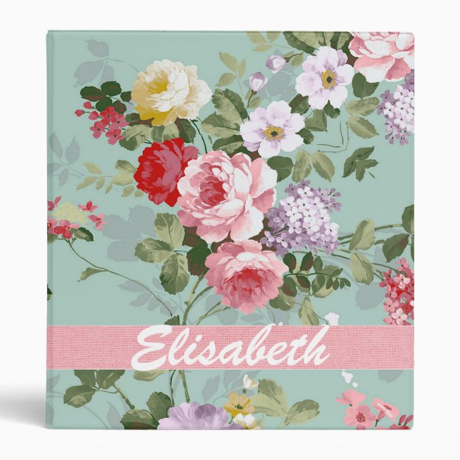 Classeur Monogramme rouge-rose Girly élégant de roses (Devant)