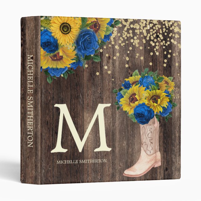 Classeur Monogramme Russe Rose des bottes bleu tournesol (Devant/Côté)