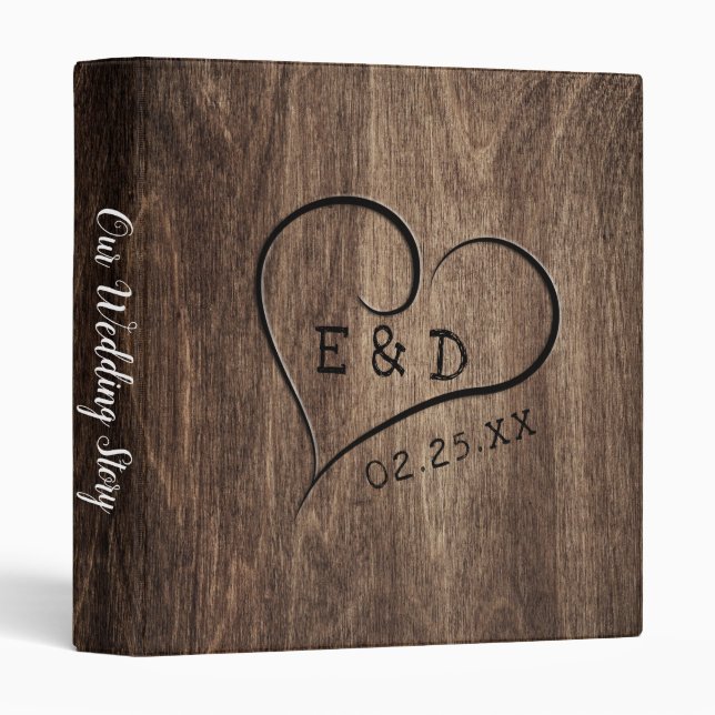 Classeur Monogramme rustique Bois Coeur Album de mariage (Devant/Côté)
