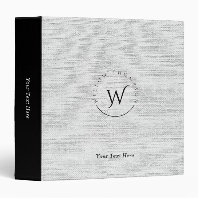 Classeur Monogramme Rustique Gris Linge Élégant Script (Devant/Côté)