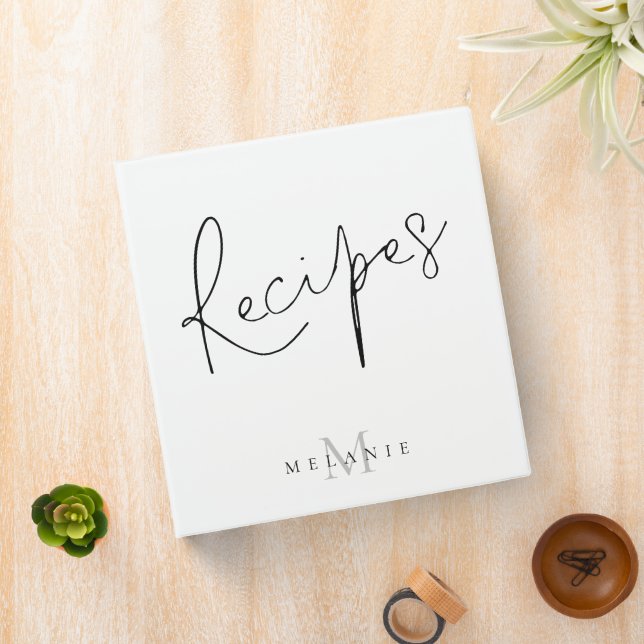 Classeur Monogramme Script élégant noir blanc Recette (In Situ)