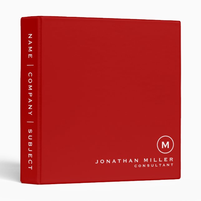 Classeur Monogramme simple rouge moderne minimaliste (Devant/Côté)