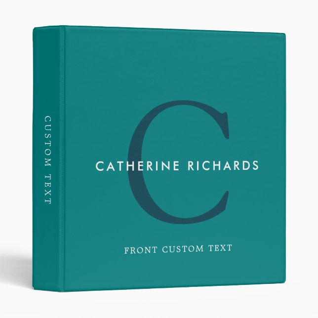 Classeur Monogramme Turquoise minimaliste moderne (Devant/Côté)