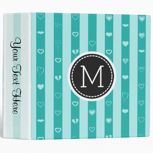 Classeur Monogramme Turquoise Stripes Élégant Coeur moderne (Devant/Côté)
