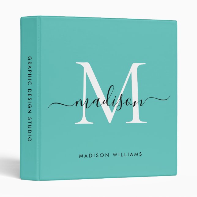 Classeur Monogramme Turquoise Vert blanc Script Office Écol (Devant/Côté)