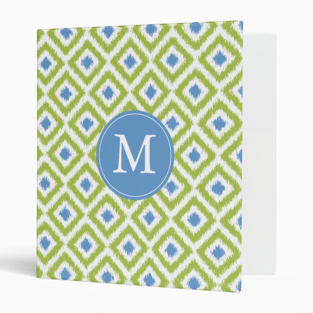 Classeur Monogramme Vert Diamant Bleu Motif Ikat (Devant/intérieur)