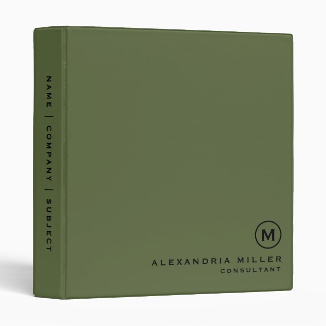 Classeur Monogramme vert olive professionnel (Devant/Côté)