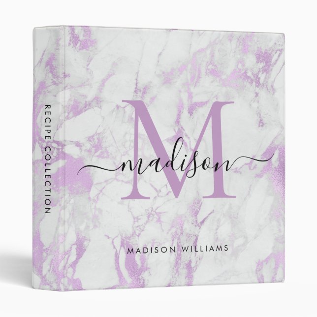 Classeur Monogramme Violet violet Marbre Chic Script Cookbo (Devant/Côté)